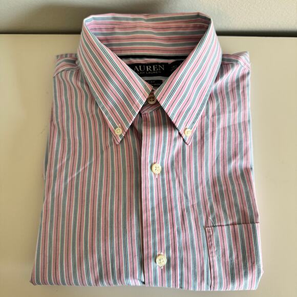 Men's Ralph Lauren Button Down Shirt Size 15 1/2 32/33 Stretch No Iron Pink Blue - Picture 1 of 14